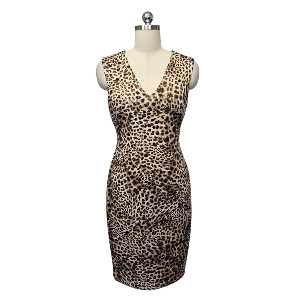 Calvin Klein Womens Leopard Print V-Neck Sleeveless Sheath Dress Brown Size 4